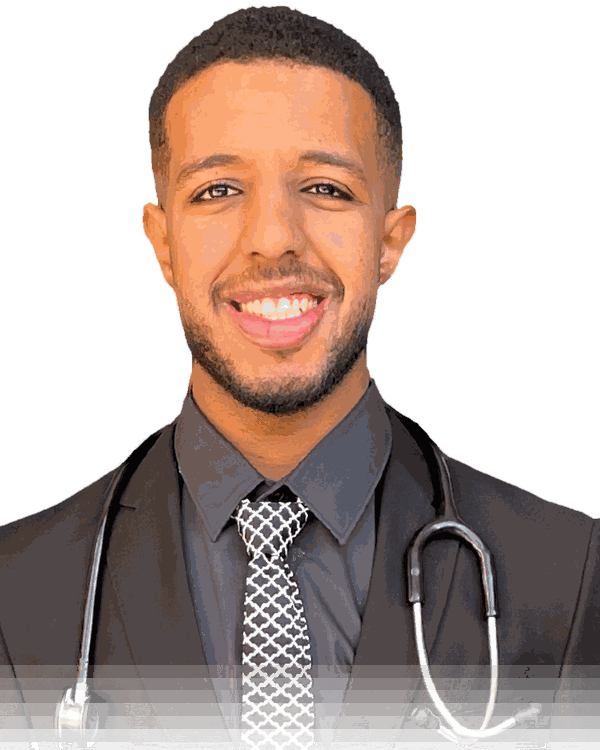 Portrait of Abdelrahman Abdalla Mohamed, a smiling man with short dark hair and a beard, wearing a dark suit and a stethoscope.